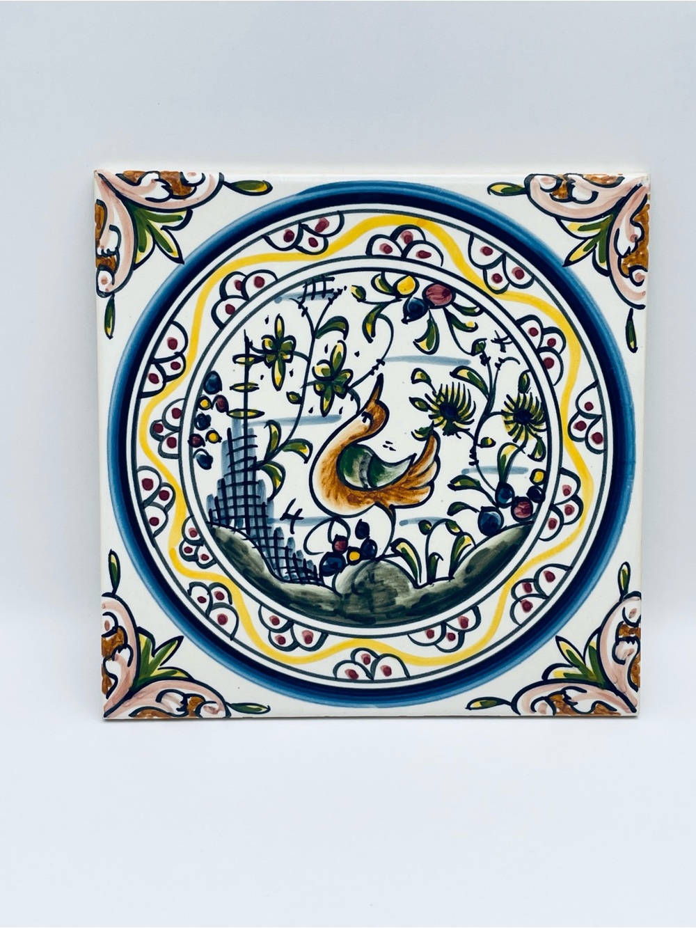 Hand Painted, Ceramic Tile/Trivet, Azupal, Bird, Made in Portugal, 6” x 6”